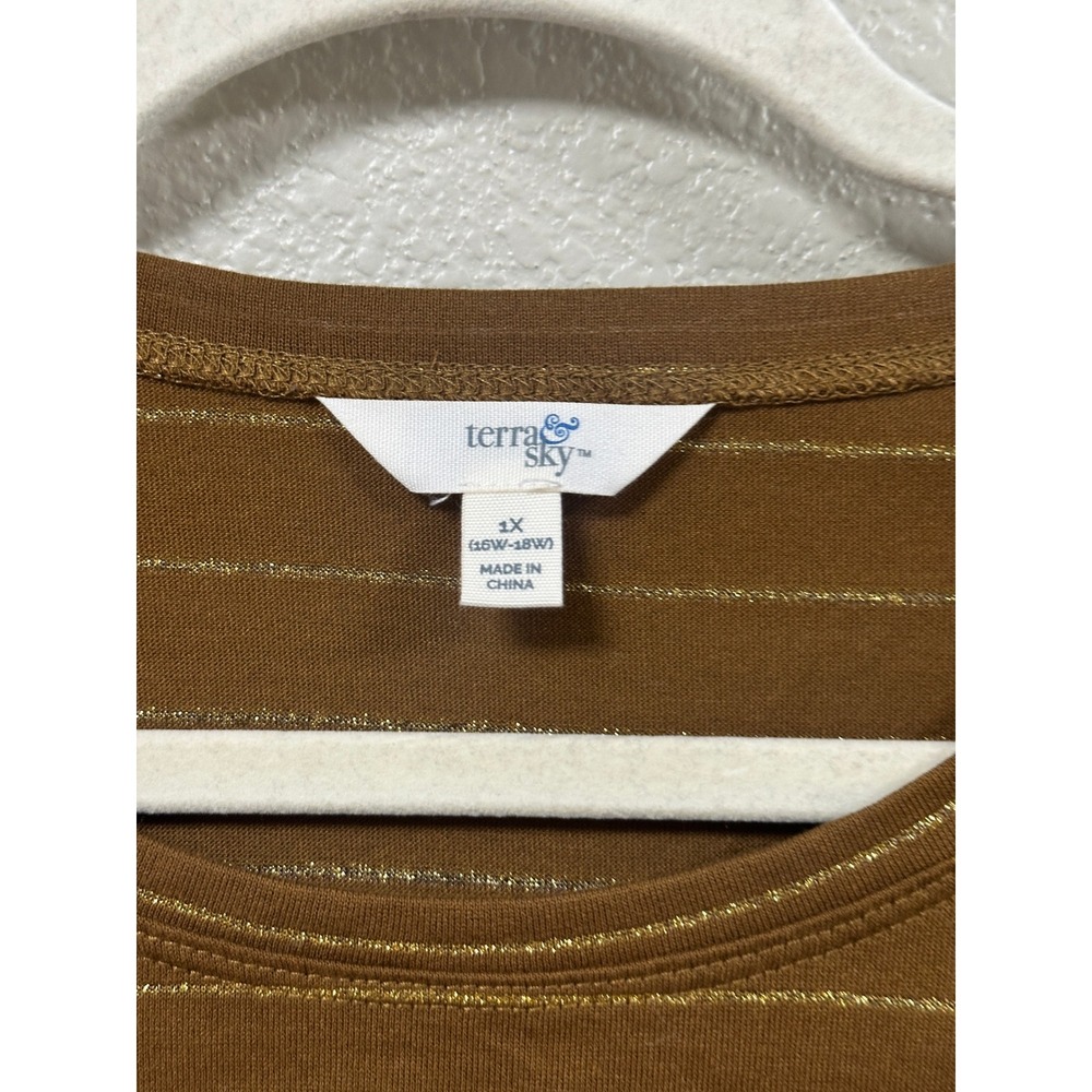 Terra & Sky Brown Gold Metallic Striped Ruffle Long Sleeve Top Womens 1X 16W-18W - Picture 2 of 4
